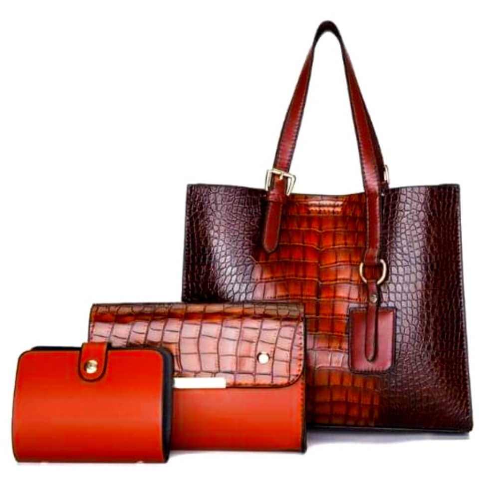Wine Red Color 3 IN 1 CROCODILE PRINT TOTE CLUTCH WALLET SET